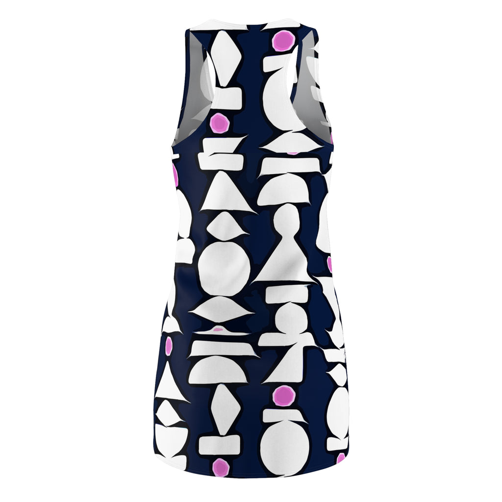 Abstract Geometric Shapes Racerback Dress | Navy White Pink Pattern