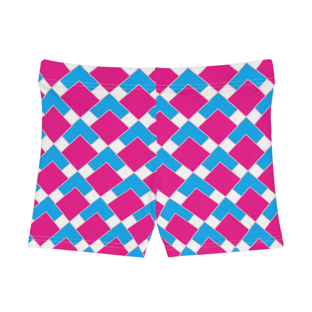 Geometric Pink & Blue Women's Shorts — Bold Checkered Pattern Activewear