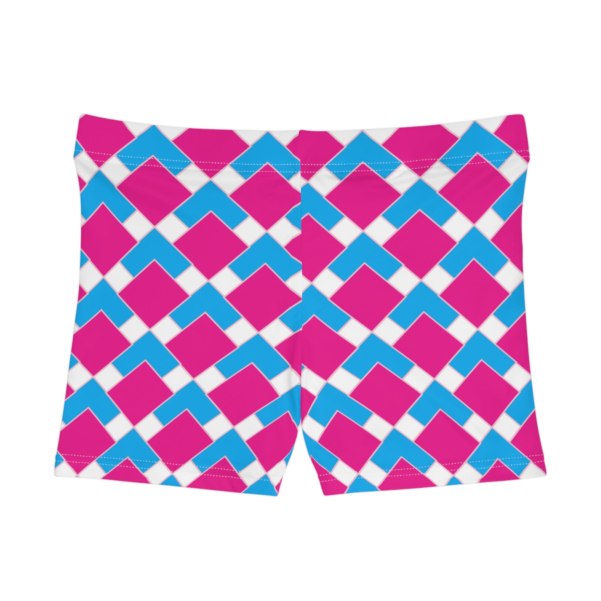 Geometric Pink & Blue Women's Shorts — Bold Checkered Pattern Activewear