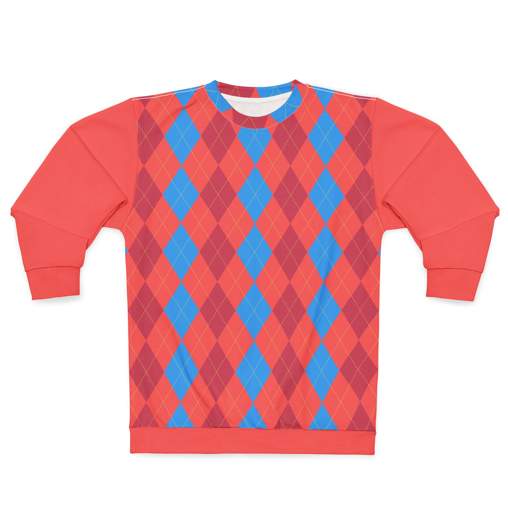 A crewneck sweatshirt featuring a vibrant argyle pattern with alternating red and blue diamonds on the front, and solid red sleeves and cuffs.