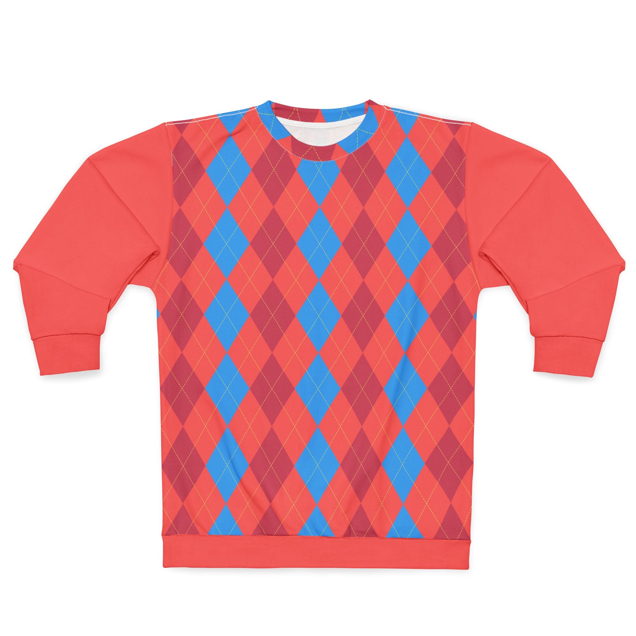 A crewneck sweatshirt featuring a vibrant argyle pattern with alternating red and blue diamonds on the front, and solid red sleeves and cuffs.