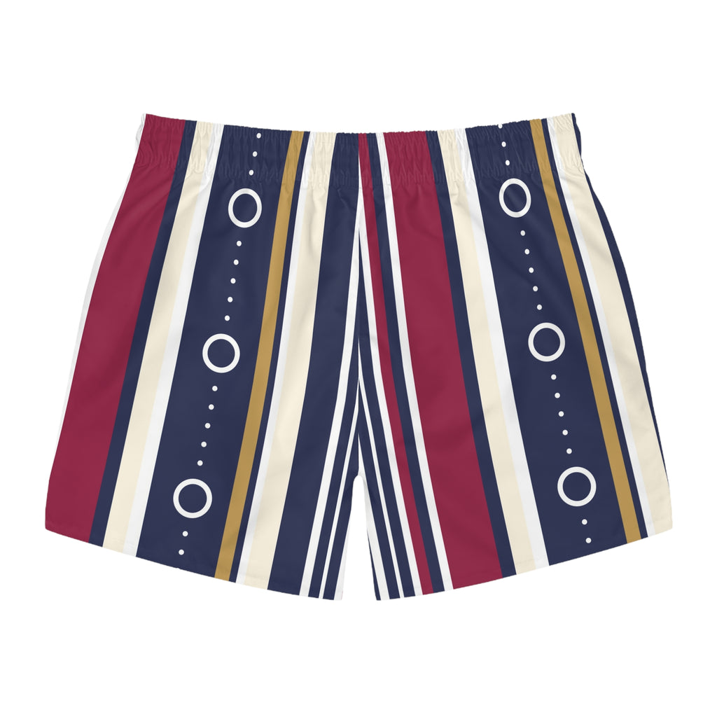 Striped Retro Swim Trunks – Navy, Crimson & Gold All-Over Print