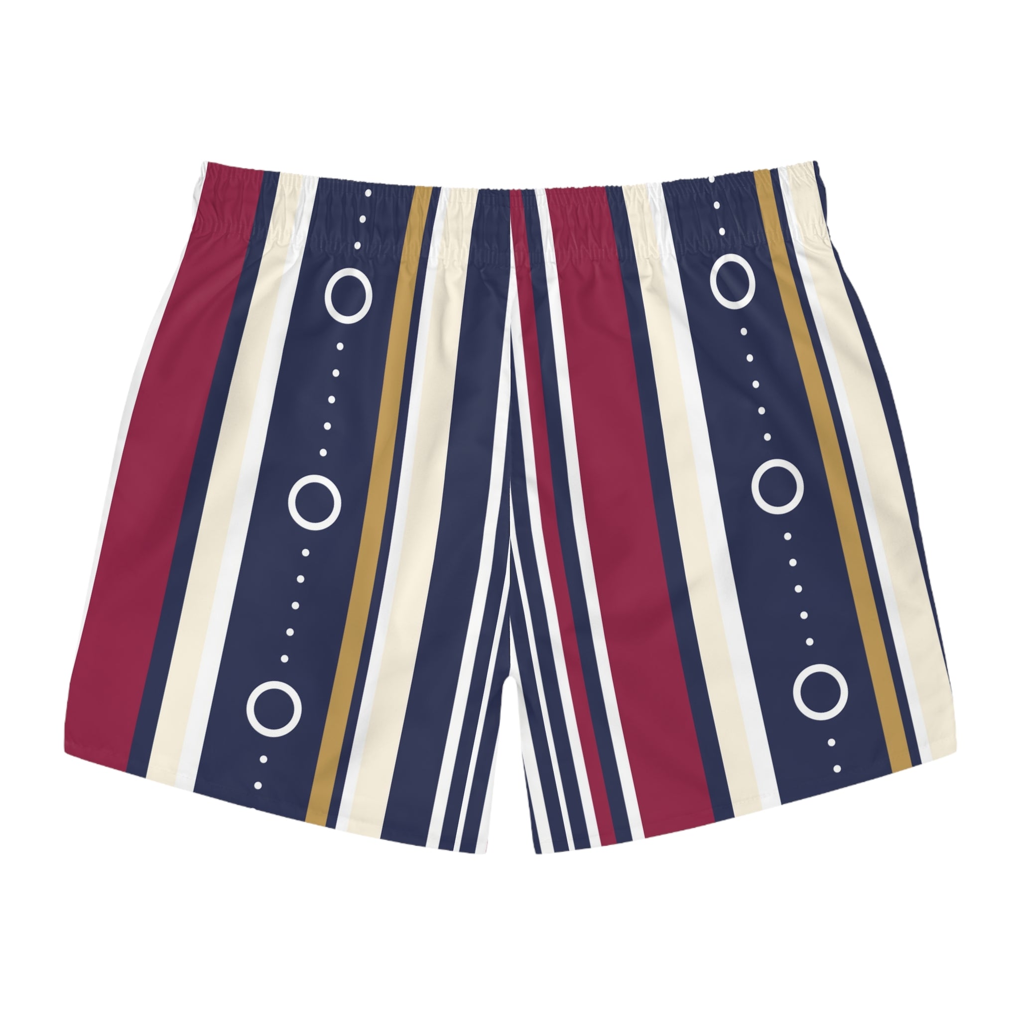 Striped Retro Swim Trunks – Navy, Crimson & Gold All-Over Print