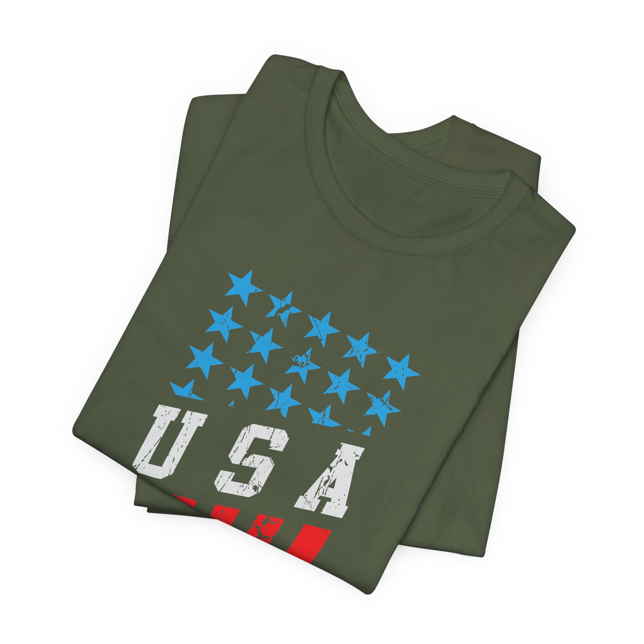 Folded green t-shirt with blue stars and 'USA' text on a white background