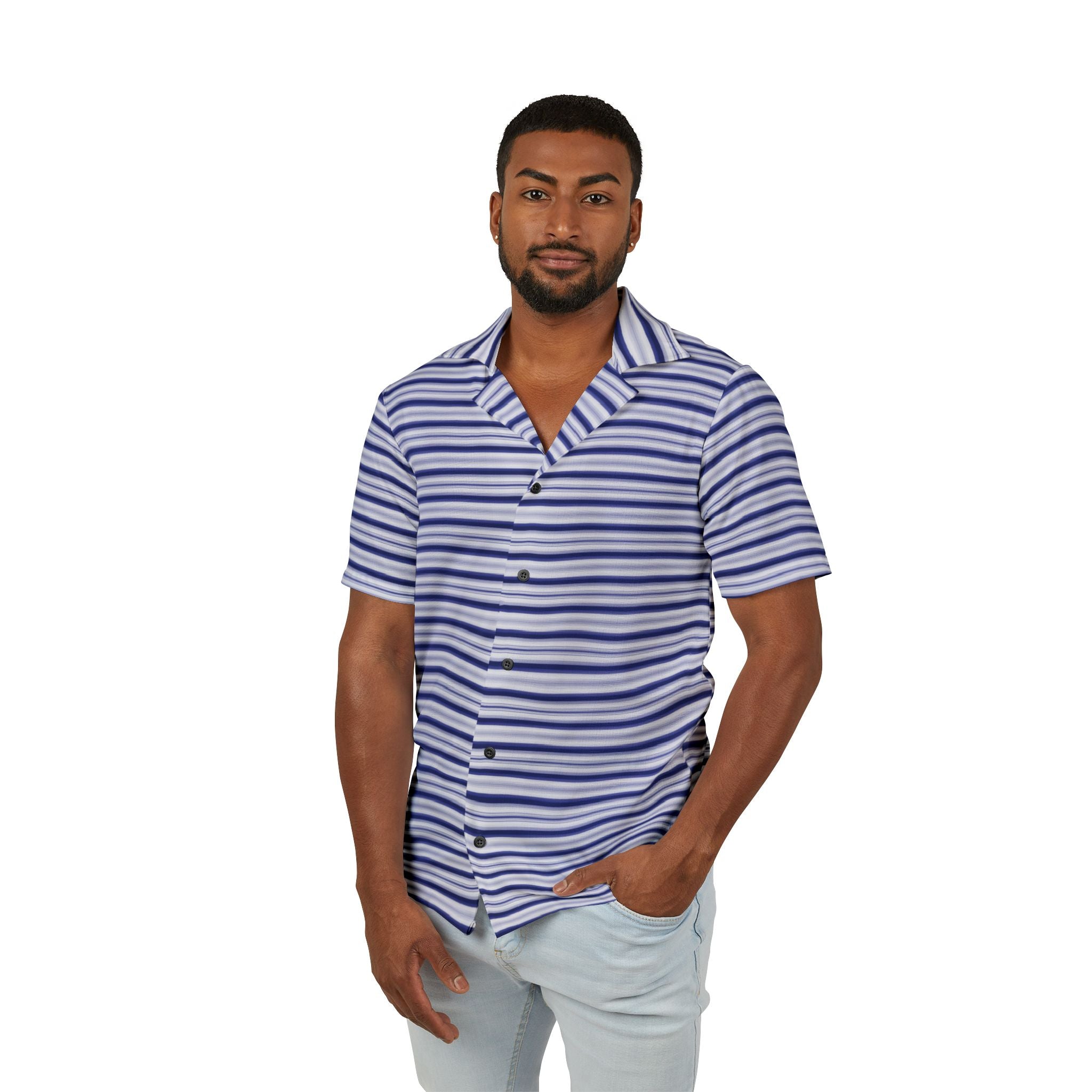 Striped Hawaiian Camp Shirt — Blue Casual Resort Button-Up