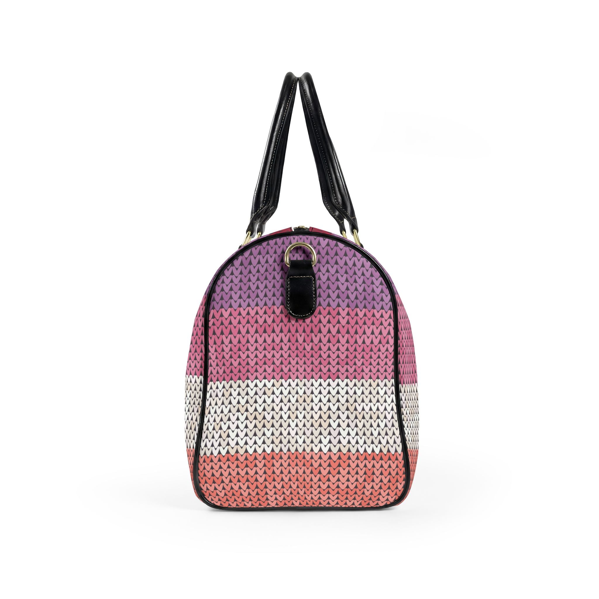 A dome-shaped woven handbag with horizontal stripes in purple, pink, white, and coral, featuring black leather handles and trim on a white background.