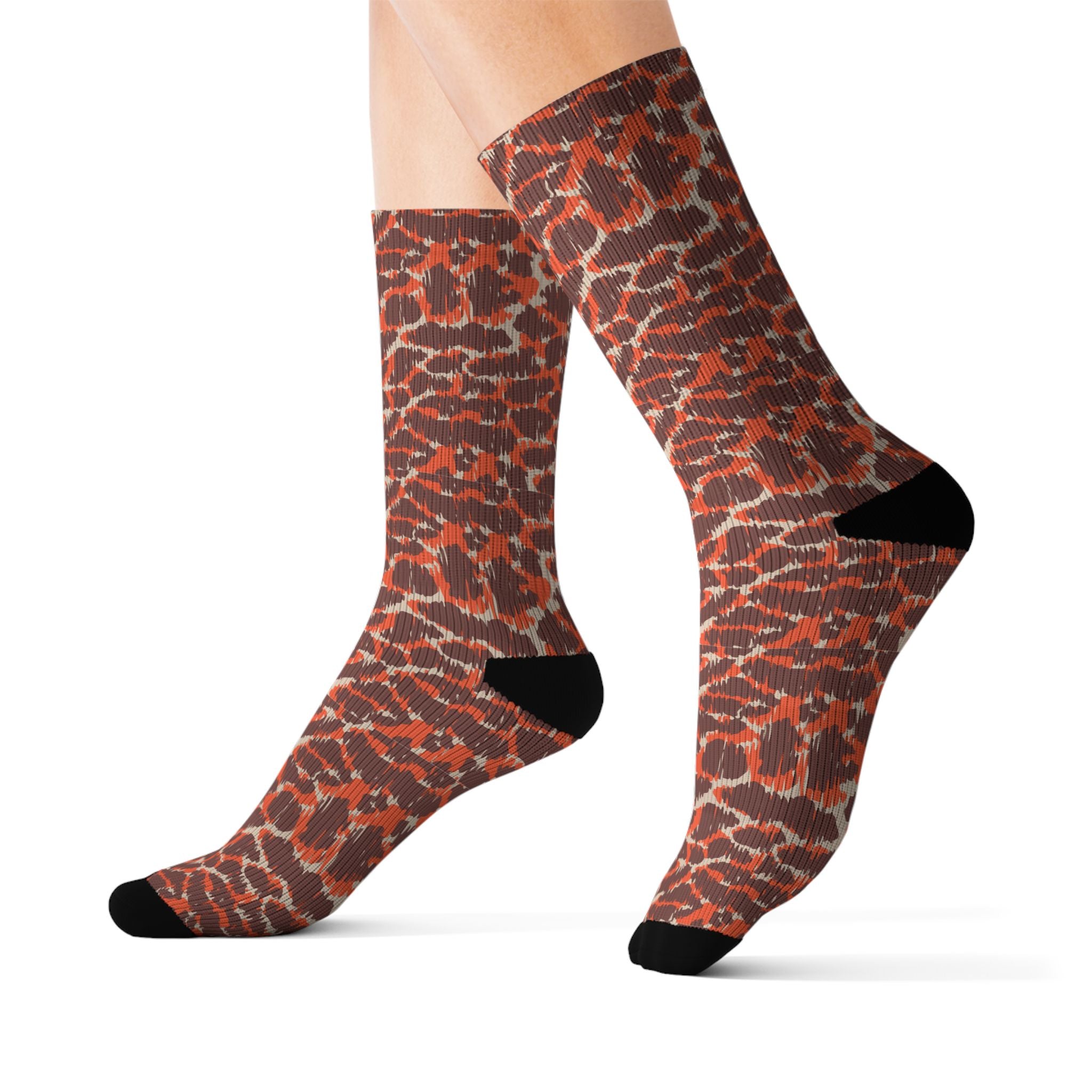 Gray socks with black toes and a logo on a white background