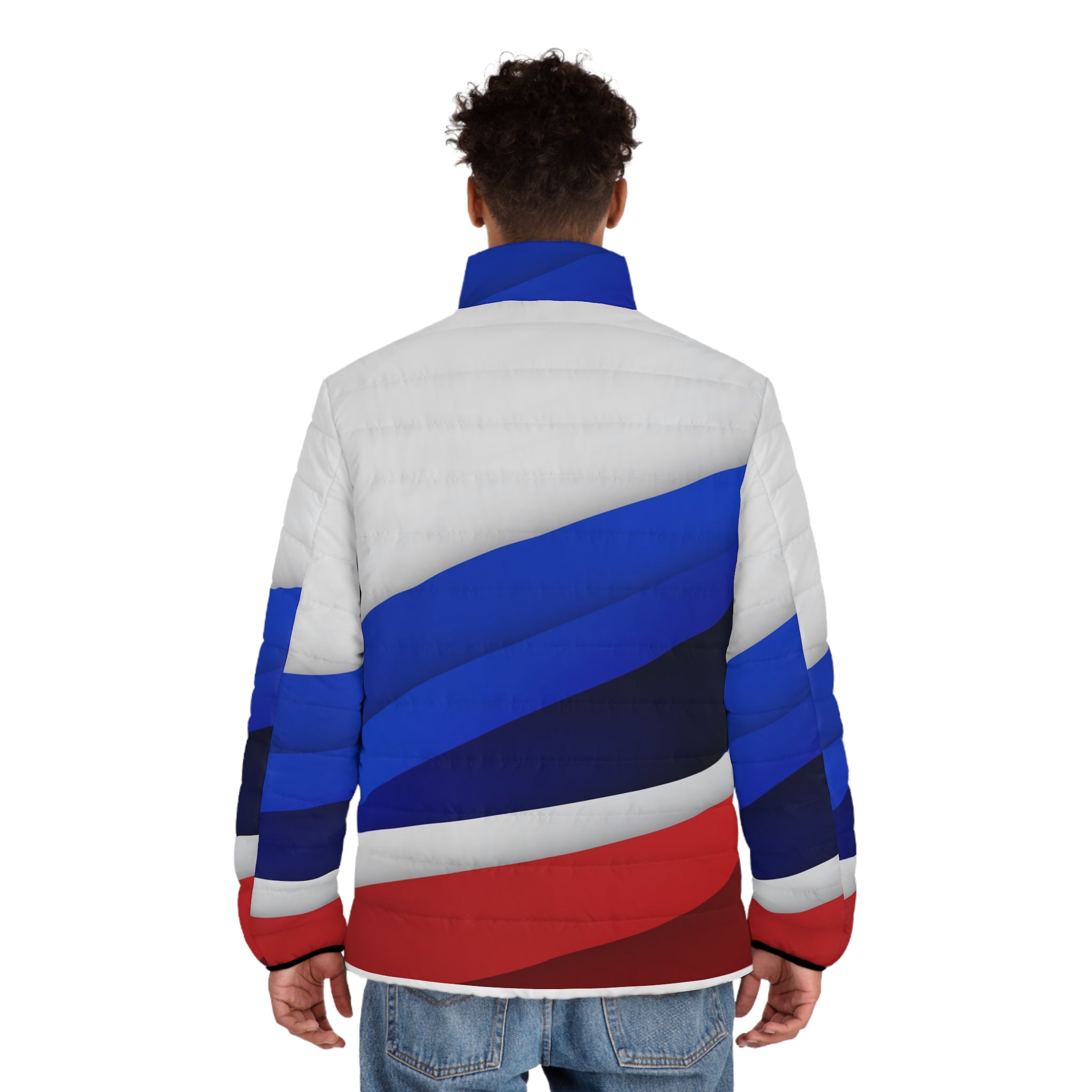 Men's Colorblock Puffer Jacket — Red, White & Blue Diagonal Stripe