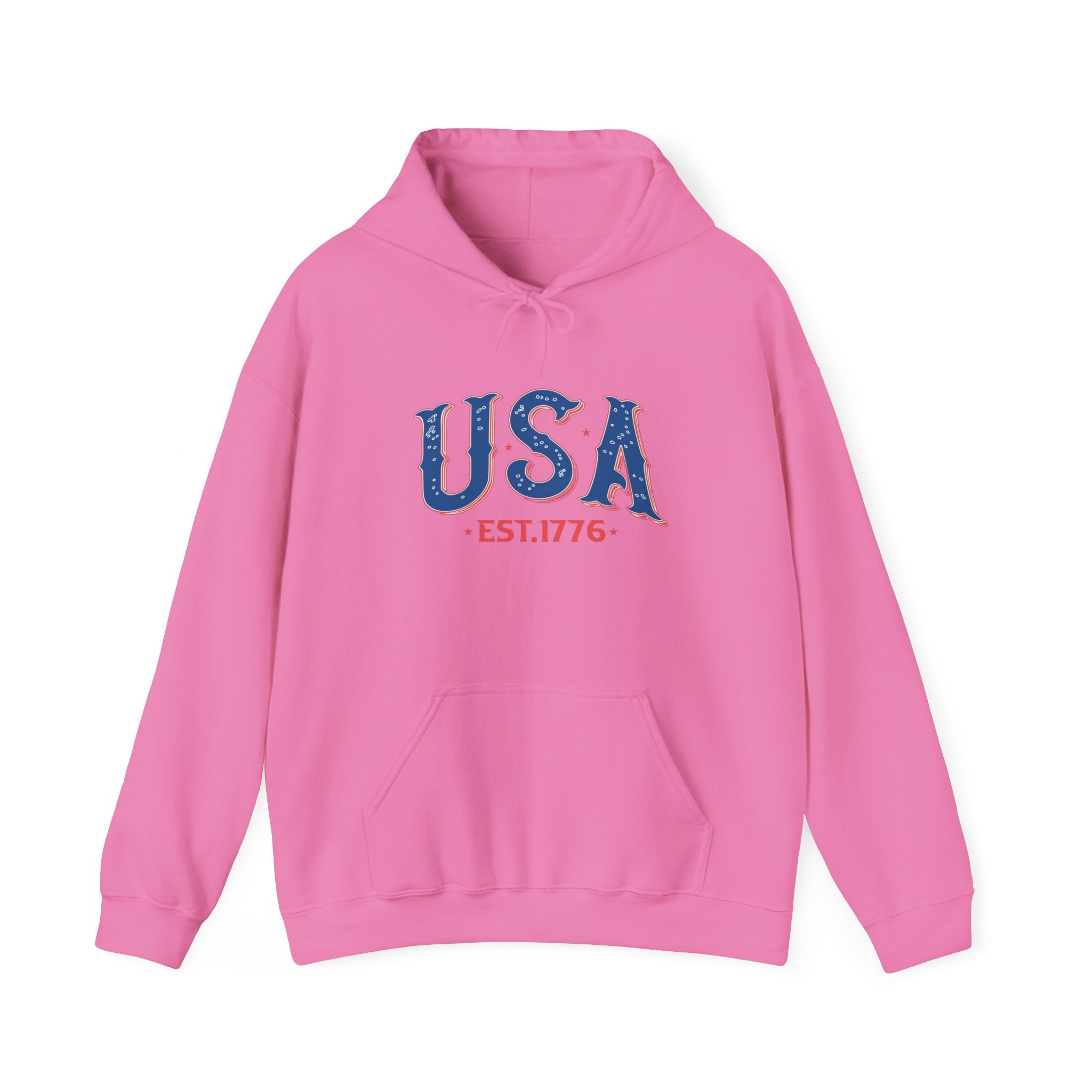 Pink hoodie with 'USA EST. 1776' text on a white background