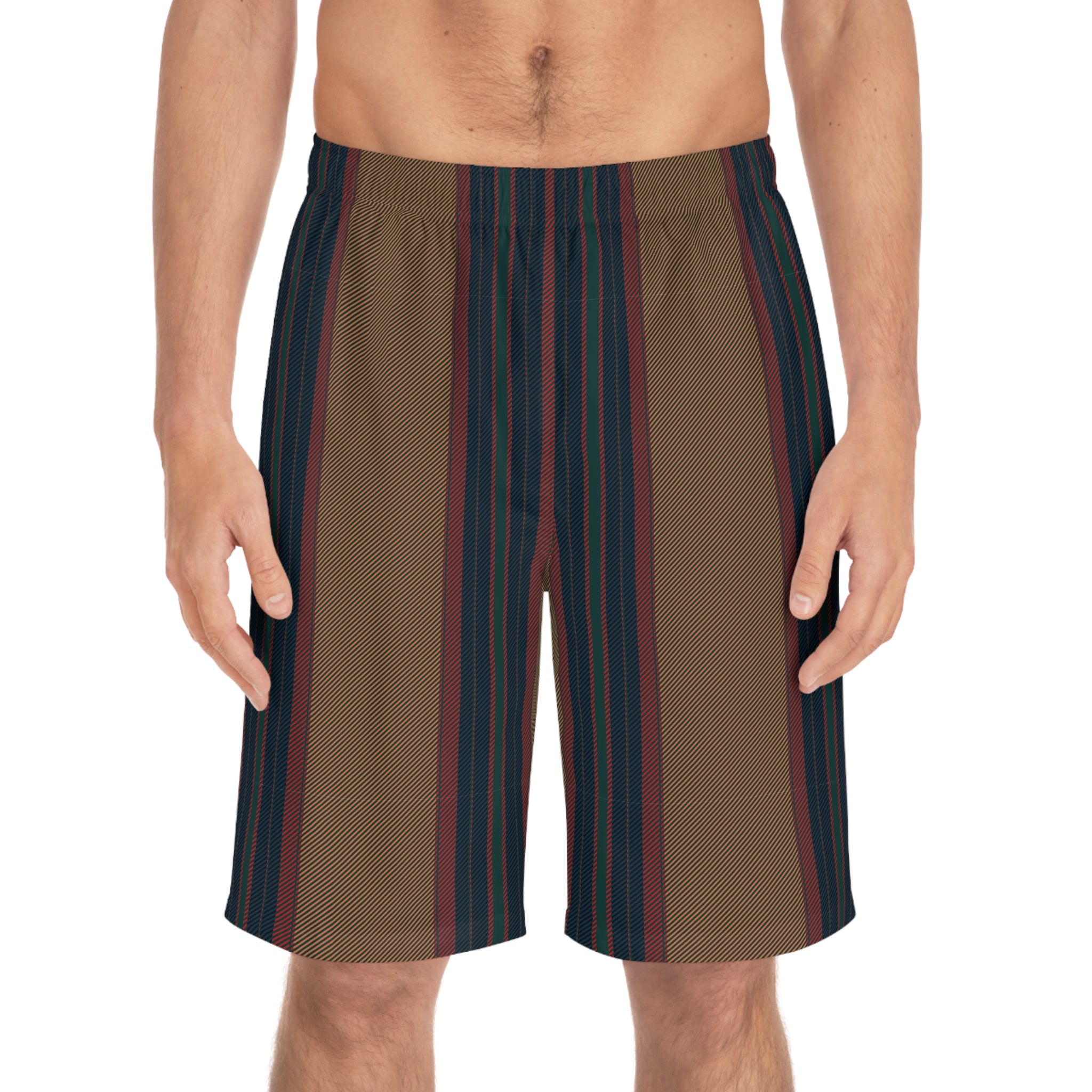 Men's Striped Board Shorts — Vintage Earthtone Vertical Stripe Swim Trunks