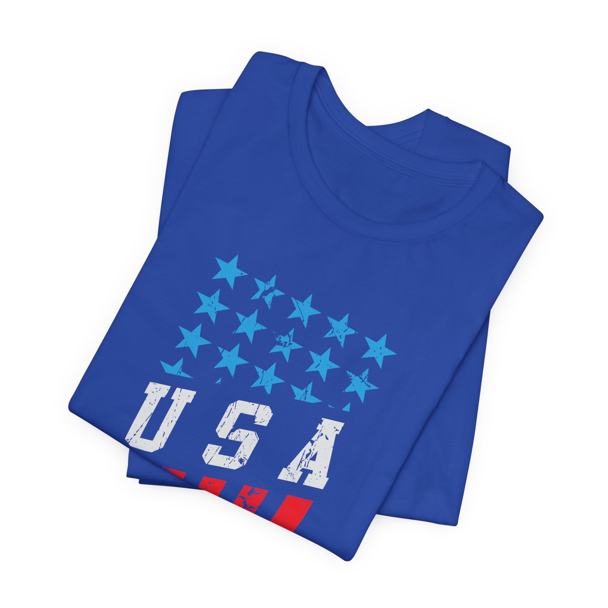 Folded blue t-shirt with star pattern and 'USA' text on a white background