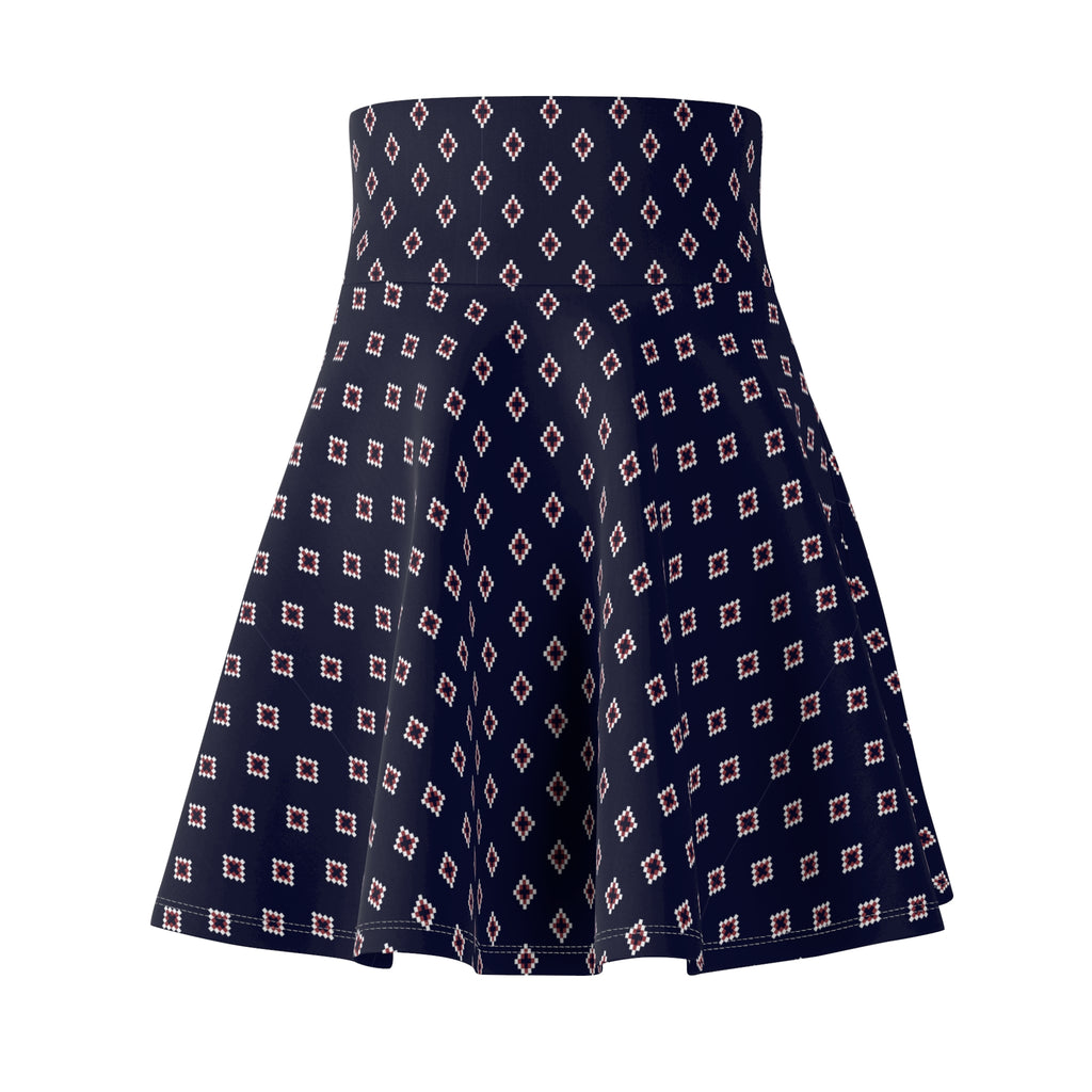 Navy Geo Diamond Skirt – Retro Mod Pattern, High-Waist Flared A-Line