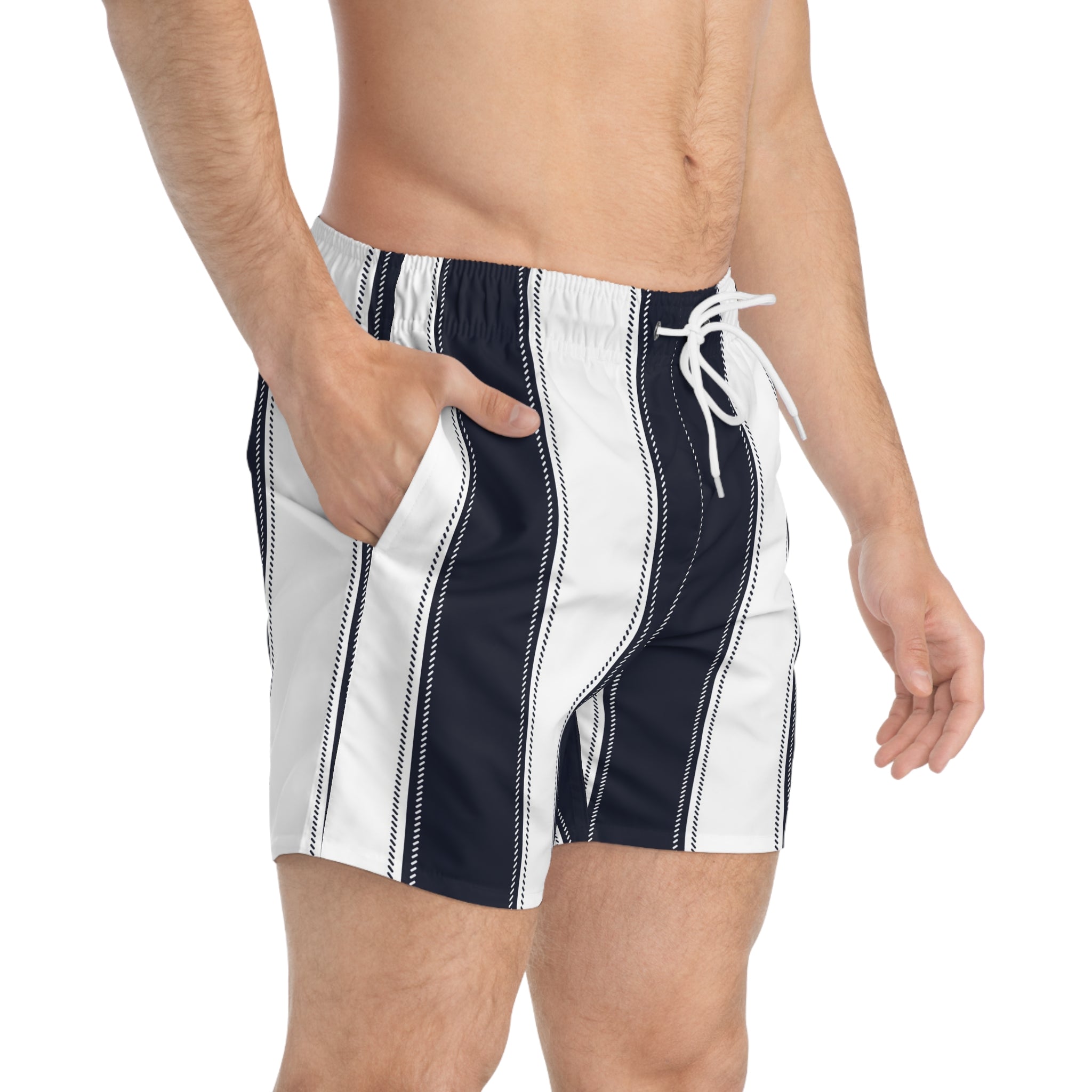 Men's Navy & White Vertical Stripe Swim Trunks — Classic Coastal Beach Shorts