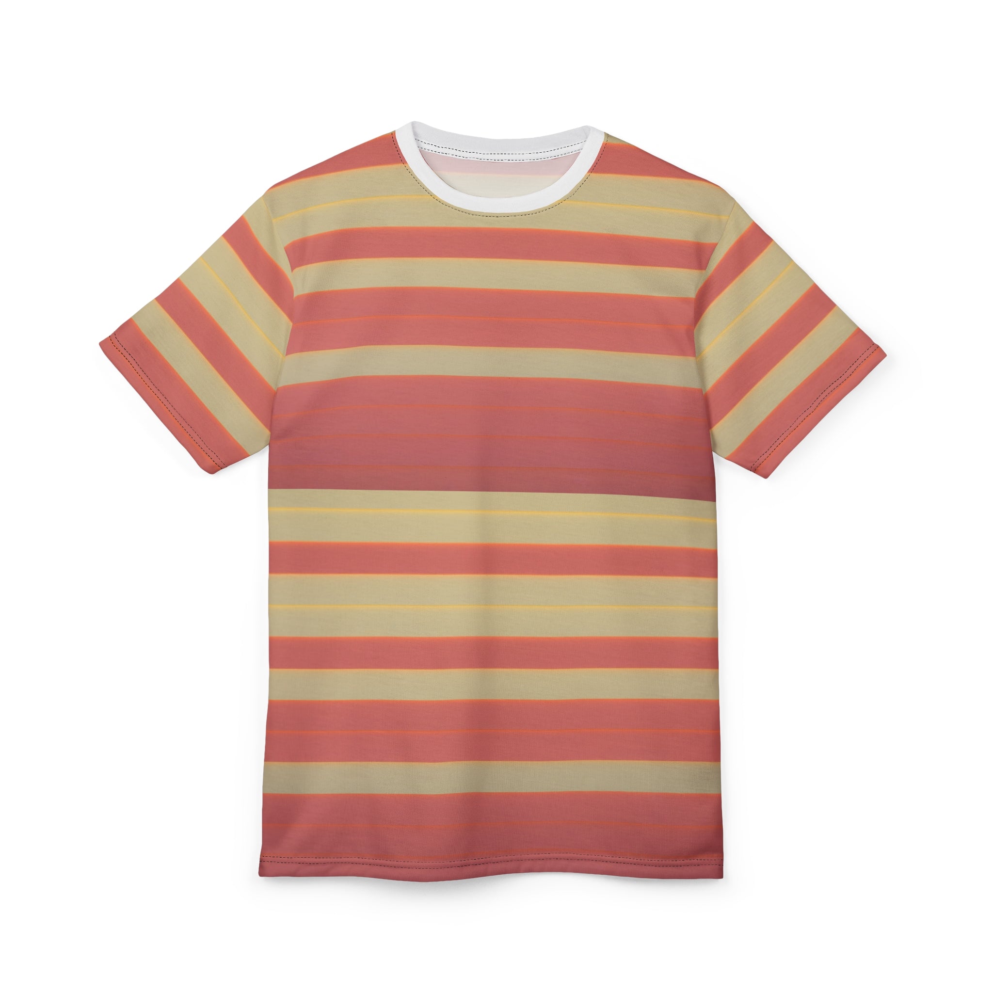 Striped t-shirt with red and beige horizontal stripes on a white background