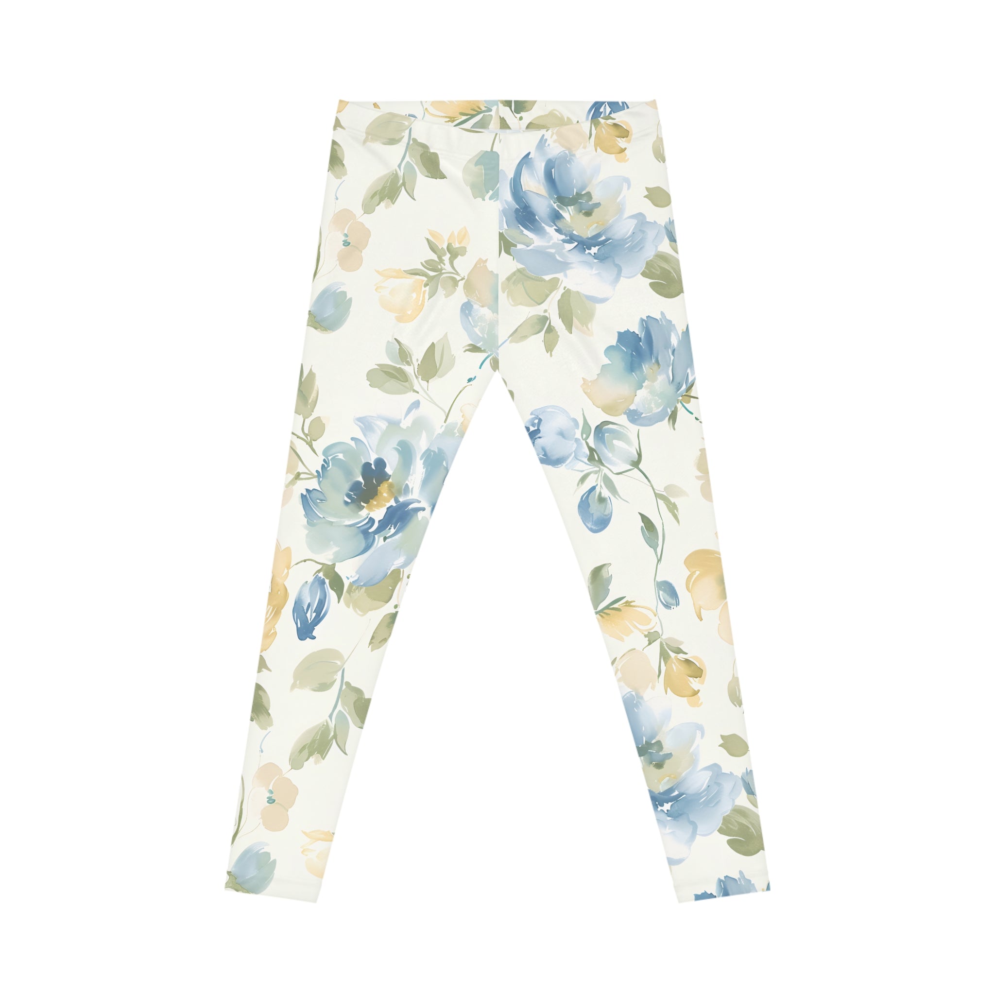 A pair of children's leggings with a watercolor floral print featuring blue, yellow, and green flowers on an off-white background.