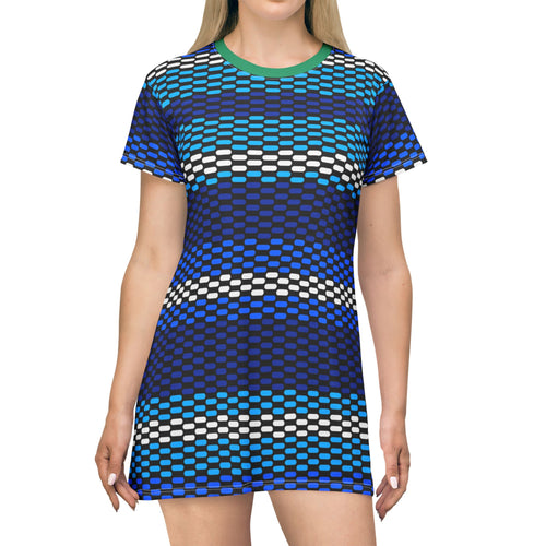Blue Green Woven Stripe T‑Shirt Dress – All‑Over Print Casual Shift Dress