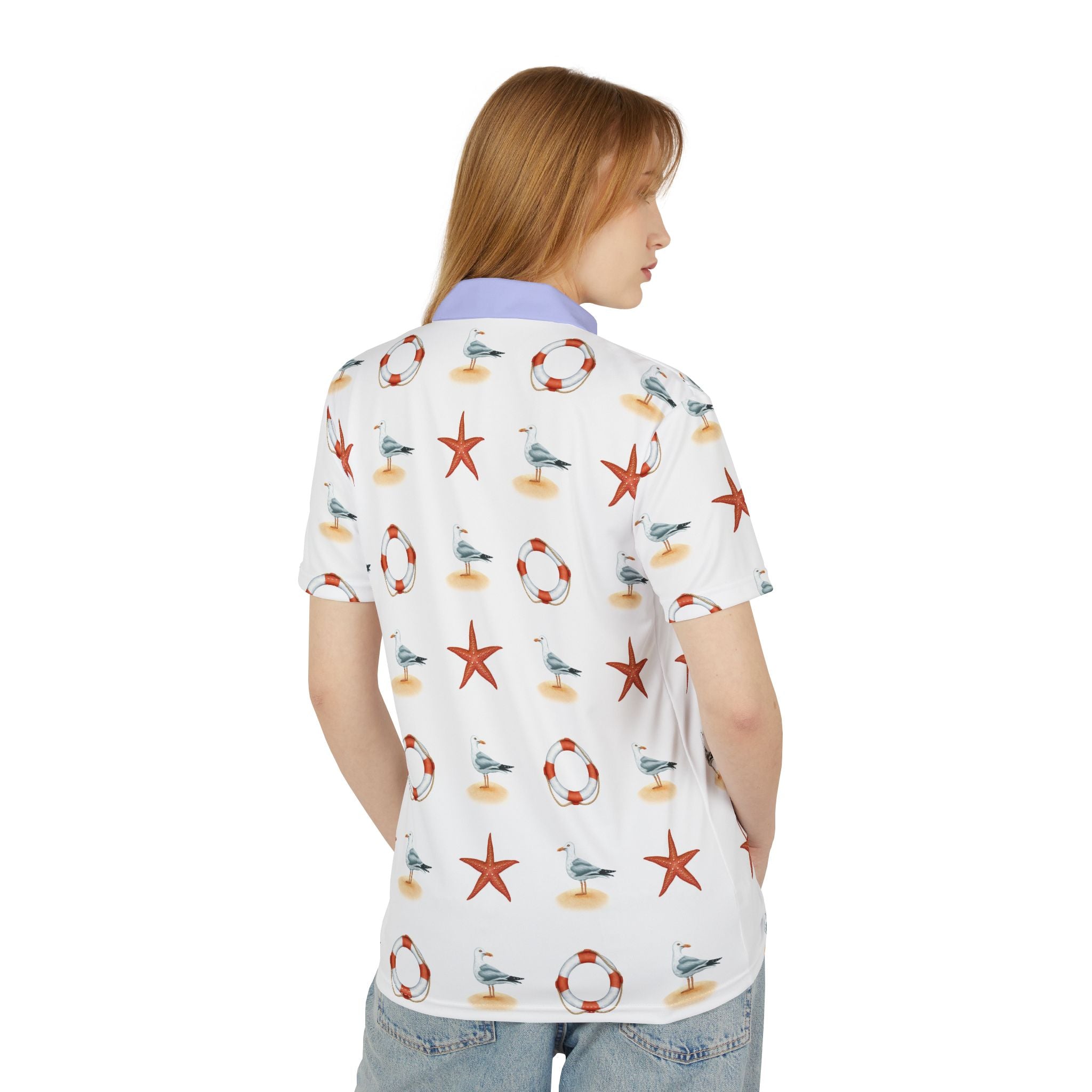Nautical Pattern Polo Shirt – Seagulls, Starfish & Lifebuoy Print
