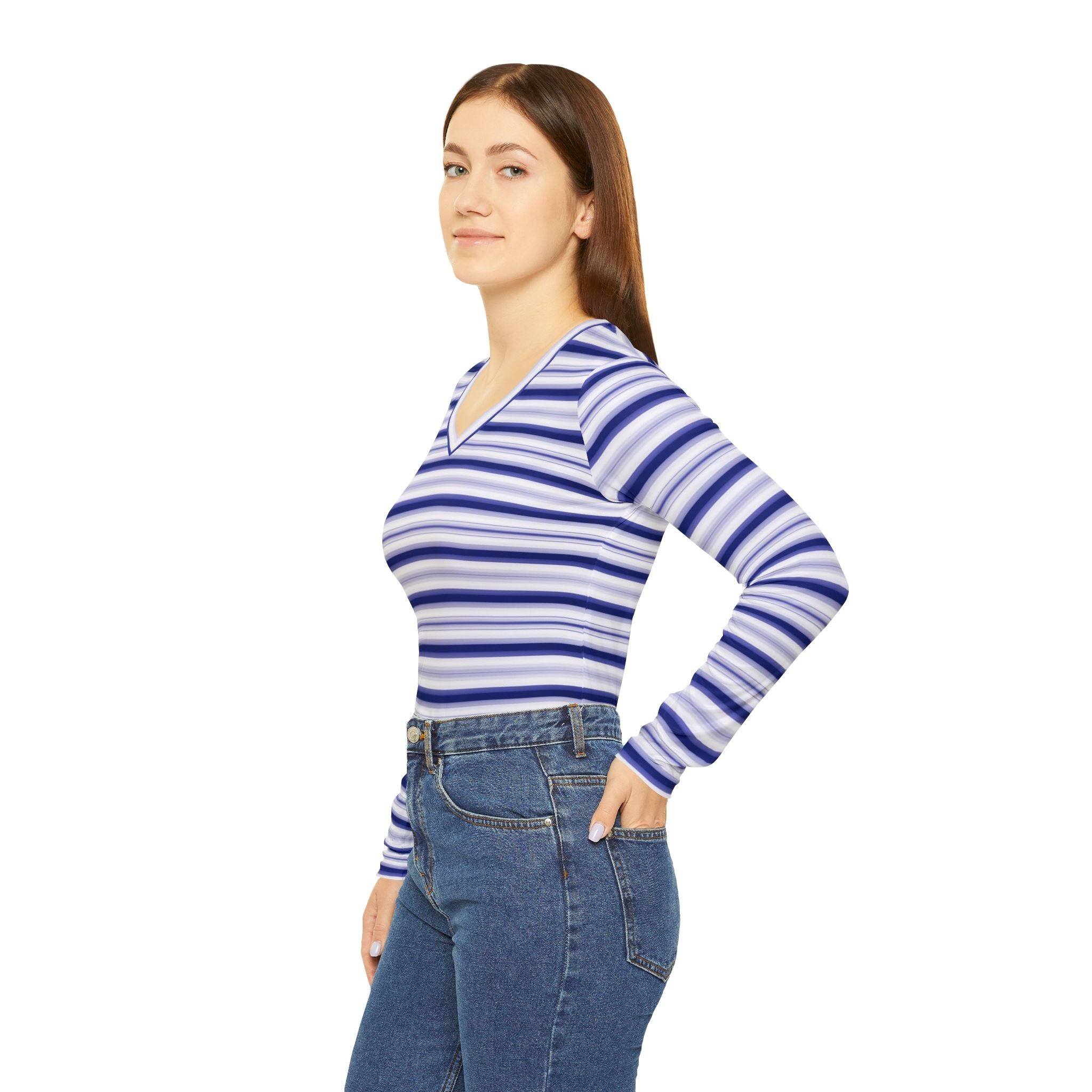 Women's Blue Stripe V-Neck Long Sleeve Shirt