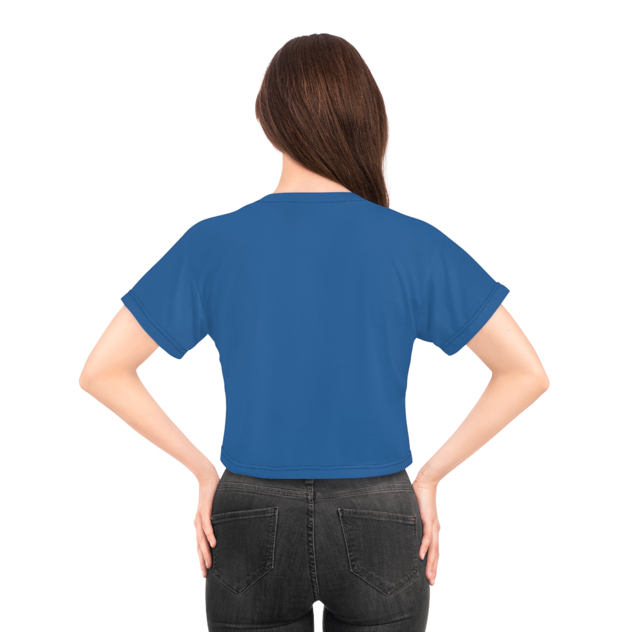 Person wearing a blue t-shirt on a white background