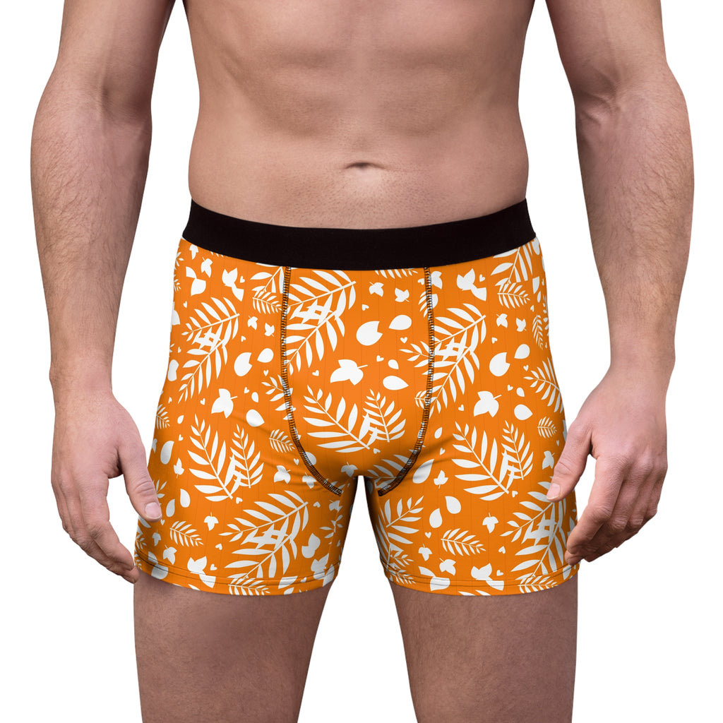 Orange Leaf Pattern Boxer Briefs — Men's All-Over Print Autumn Undergarment