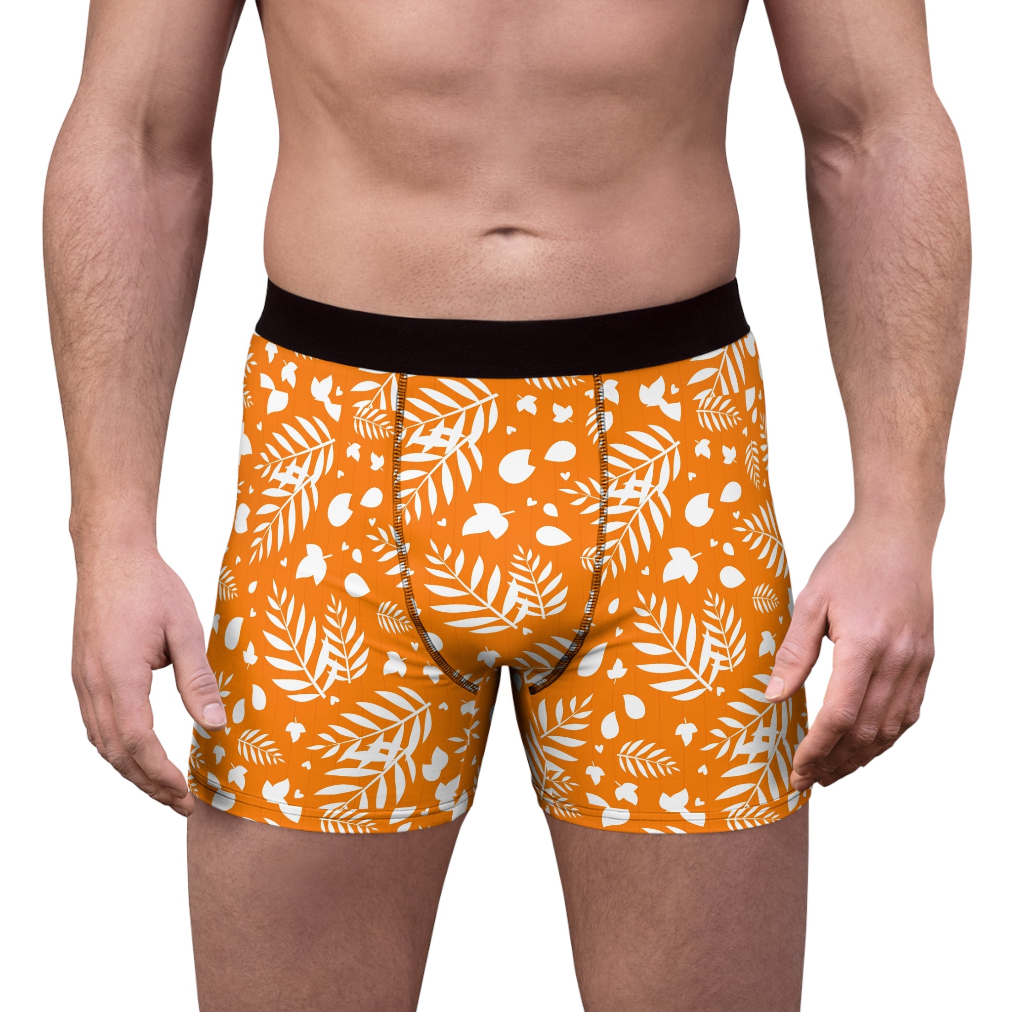 Orange Leaf Pattern Boxer Briefs — Men's All-Over Print Autumn Undergarment