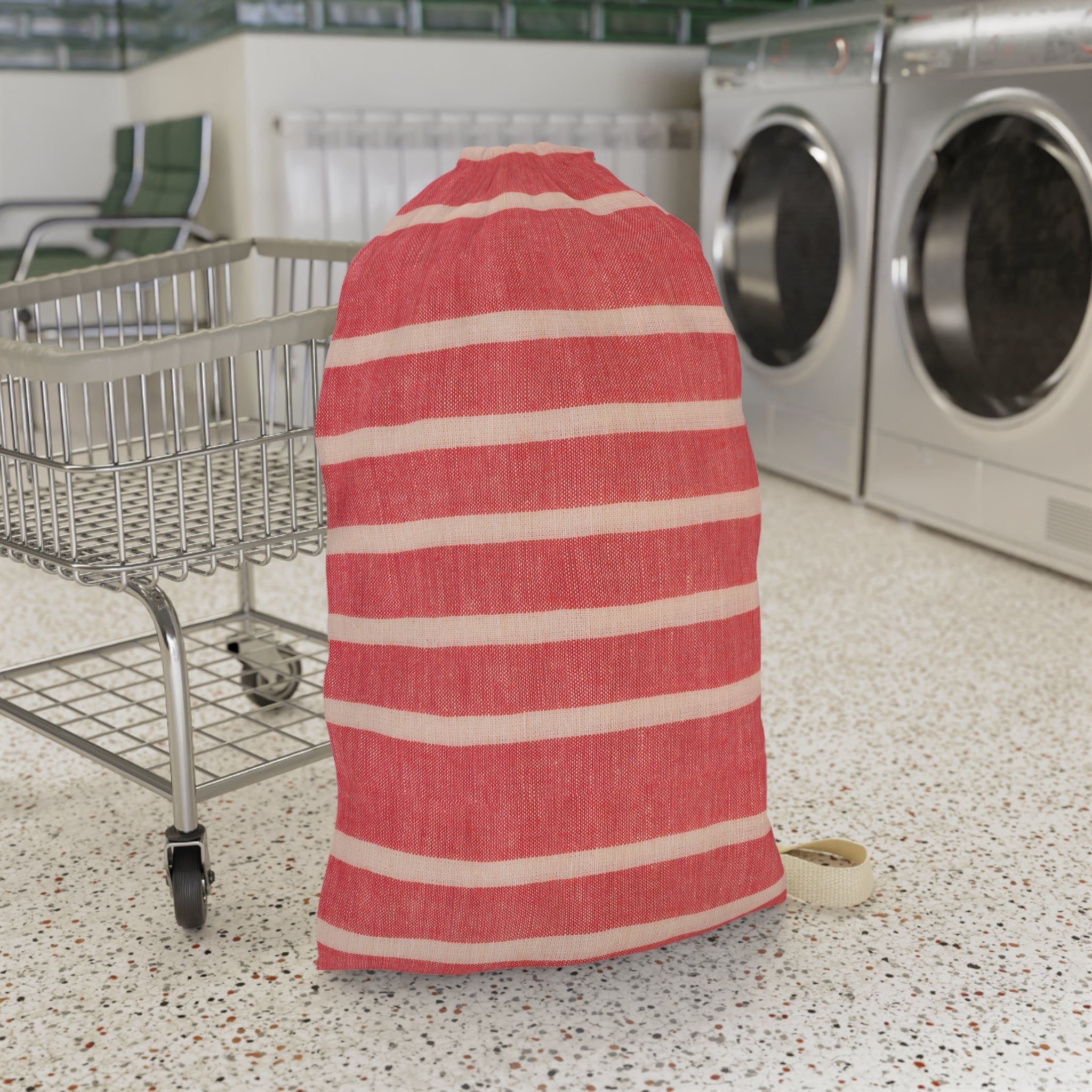 Striped Red Laundry Bag — Cotton Drawstring Laundry Tote