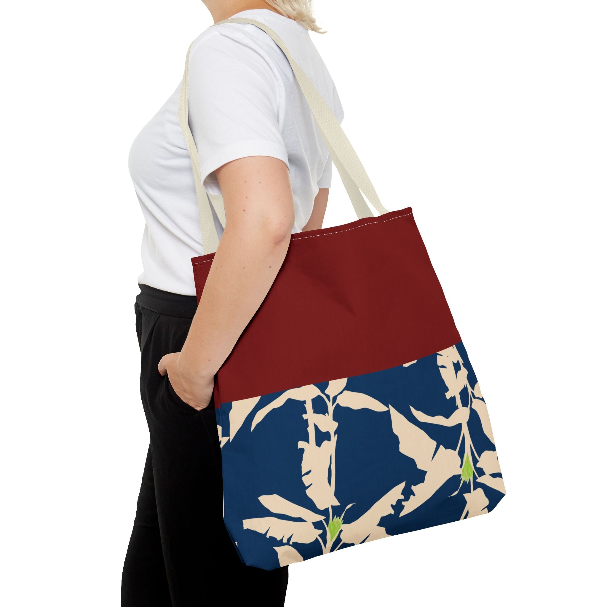 Red Navy Botanical Leaf Pattern Tote Bag