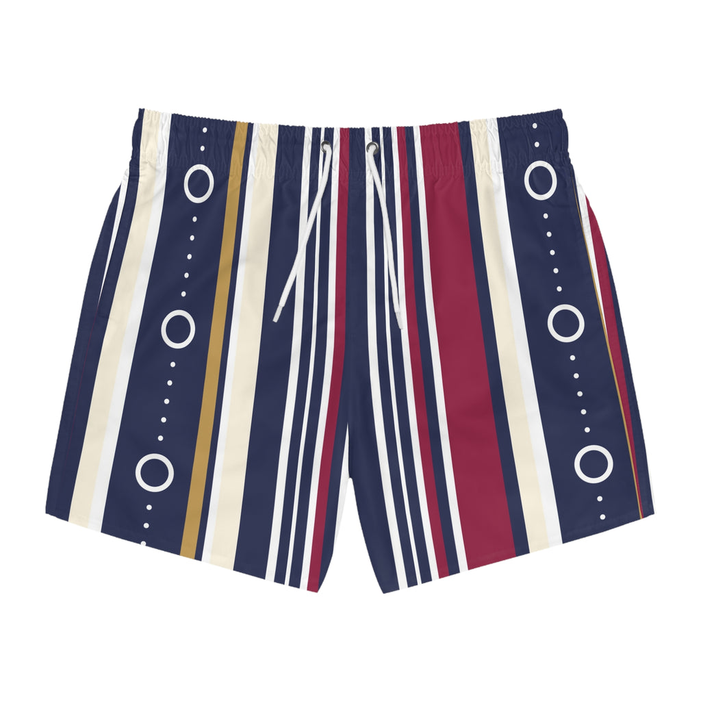 Striped Retro Swim Trunks – Navy, Crimson & Gold All-Over Print