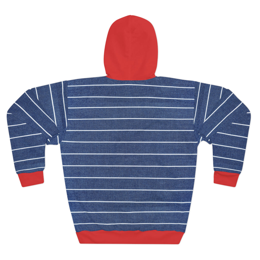 Nautical Striped Hoodie — Navy & White Crew Stripes with Red Hood and Cuffs