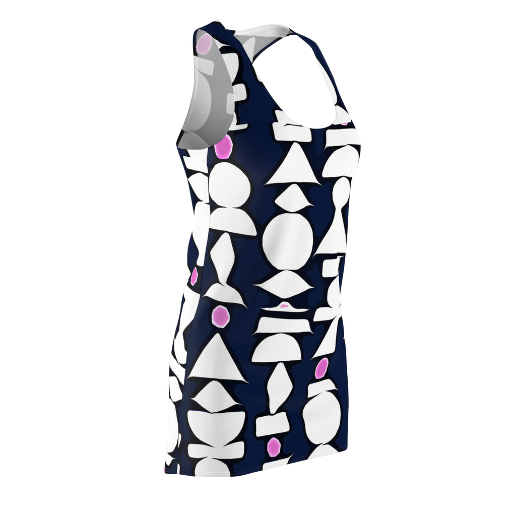 Abstract Geometric Shapes Racerback Dress | Navy White Pink Pattern
