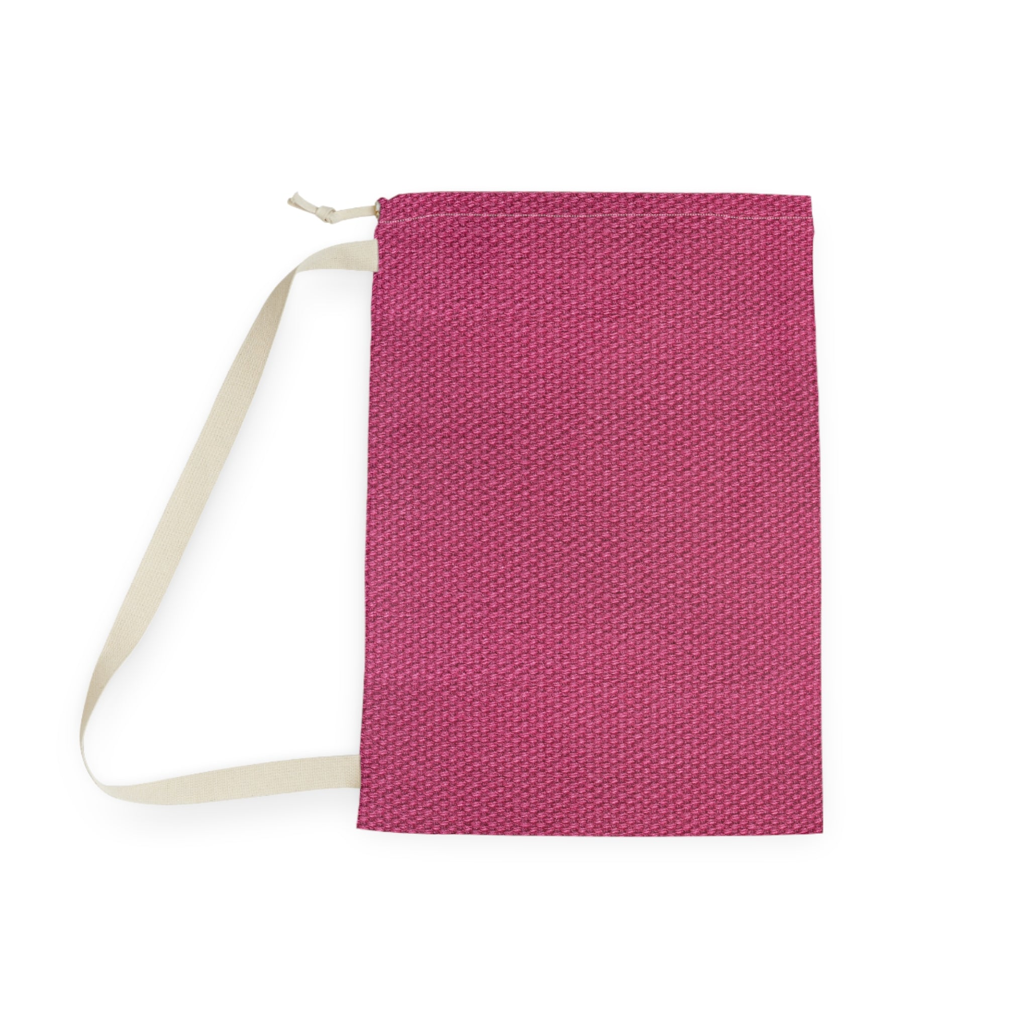 A rectangular drawstring pouch made of textured woven fabric in a vibrant magenta pink, featuring a cream-colored strap and zipper pull, shown on a plain white background.