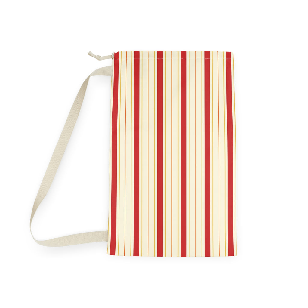 A rectangular fabric pouch with a vertical red and cream stripe pattern, featuring a light beige drawstring strap at the top, shown on a plain white background.