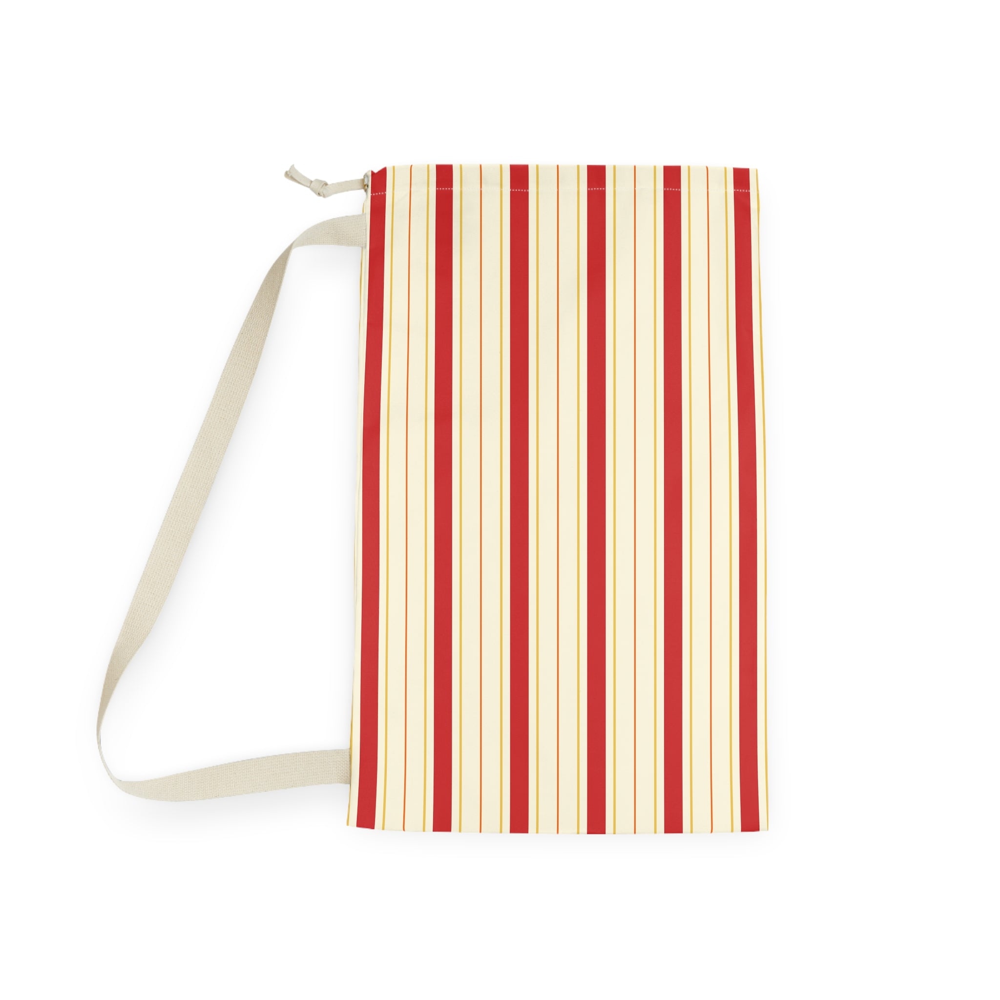 A rectangular fabric pouch with a vertical red and cream stripe pattern, featuring a light beige drawstring strap at the top, shown on a plain white background.