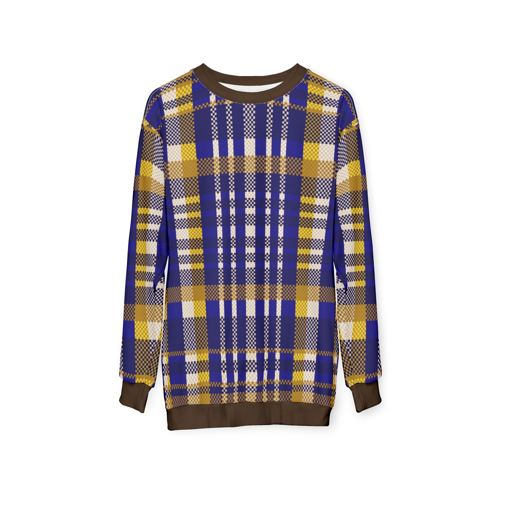 Plaid sweater with blue, yellow, and white pattern on a white background