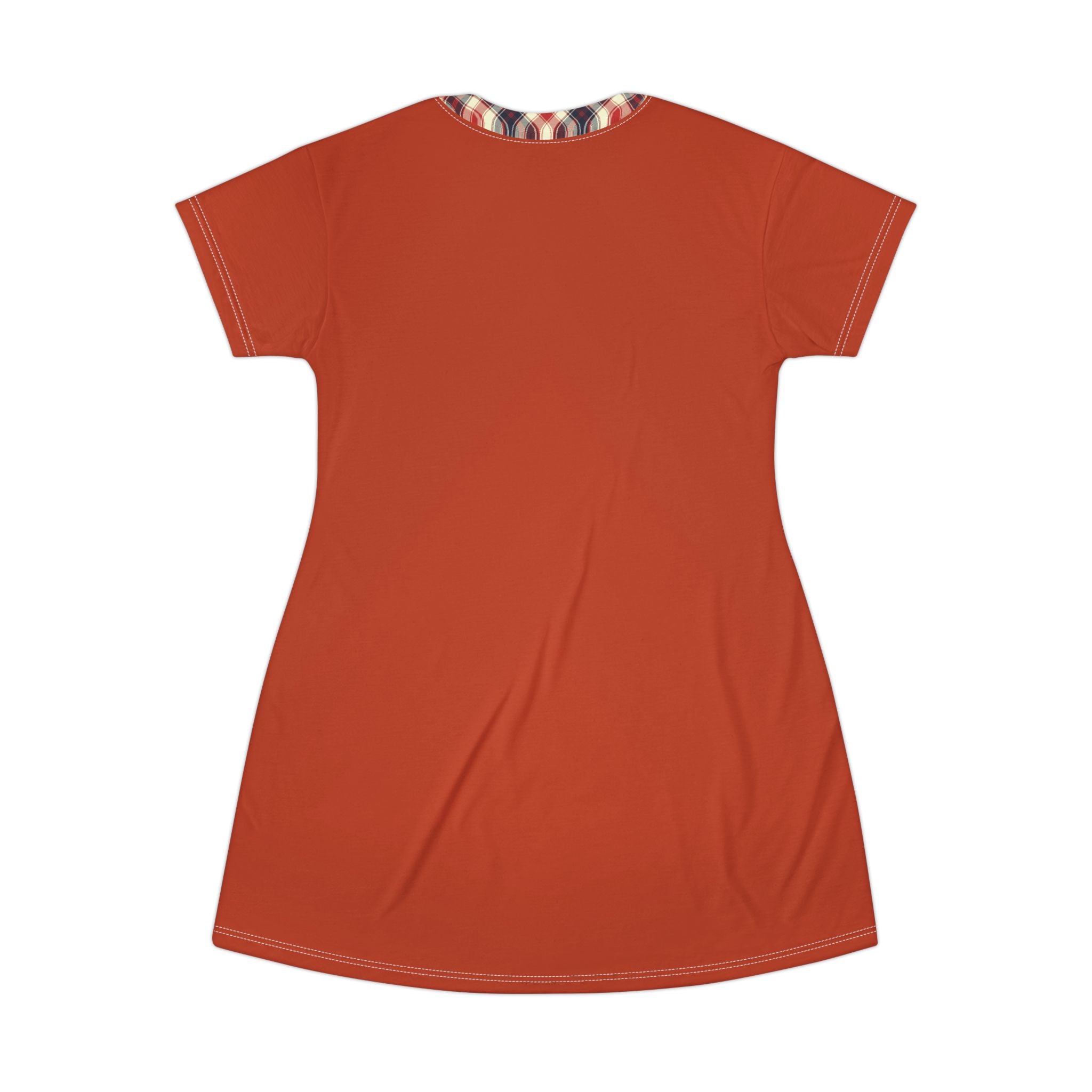 Rust Plaid Trim T-Shirt Dress — Casual A-Line Tee Dress