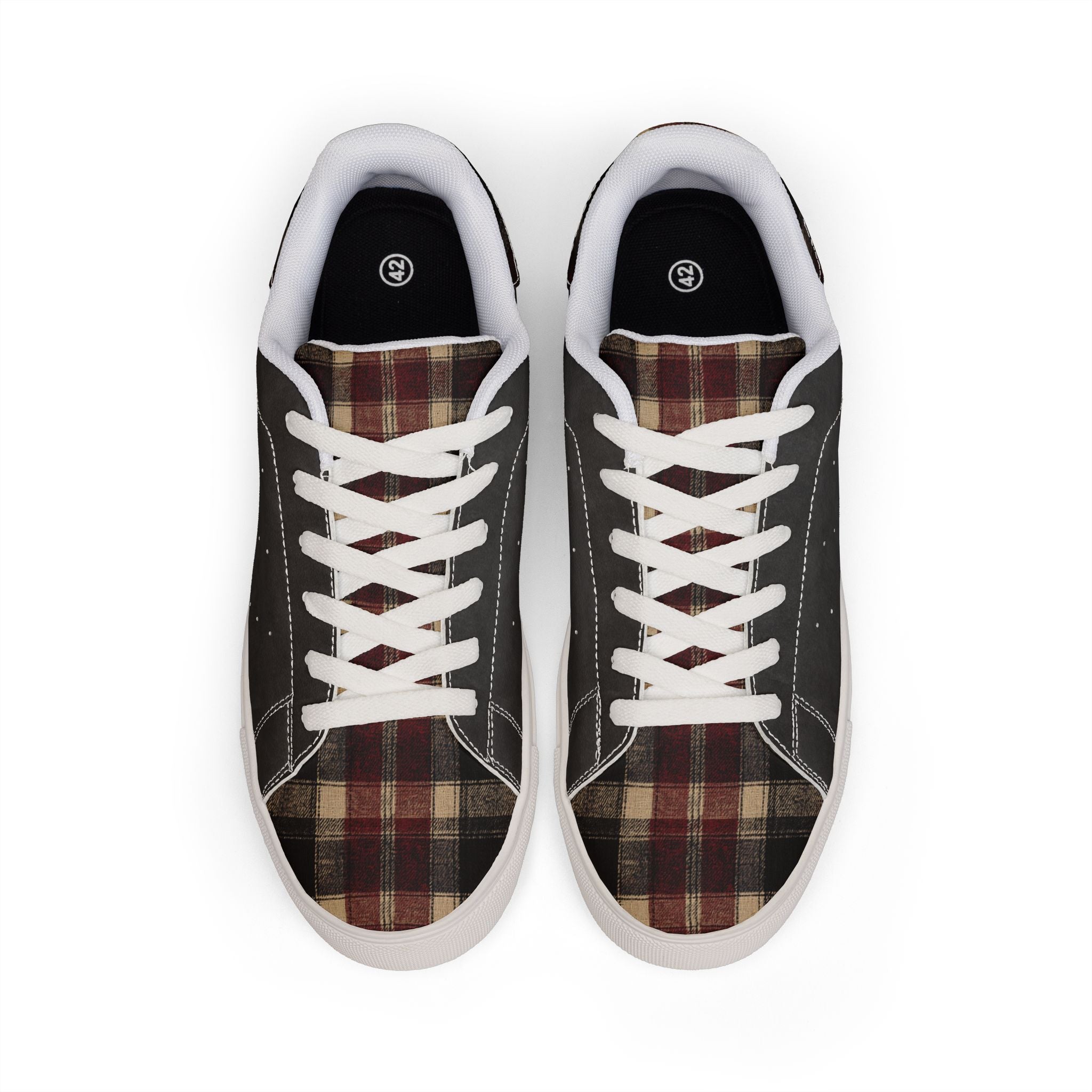 Leather Low-Top Sneakers — Plaid Accent Casual Men’s Shoes