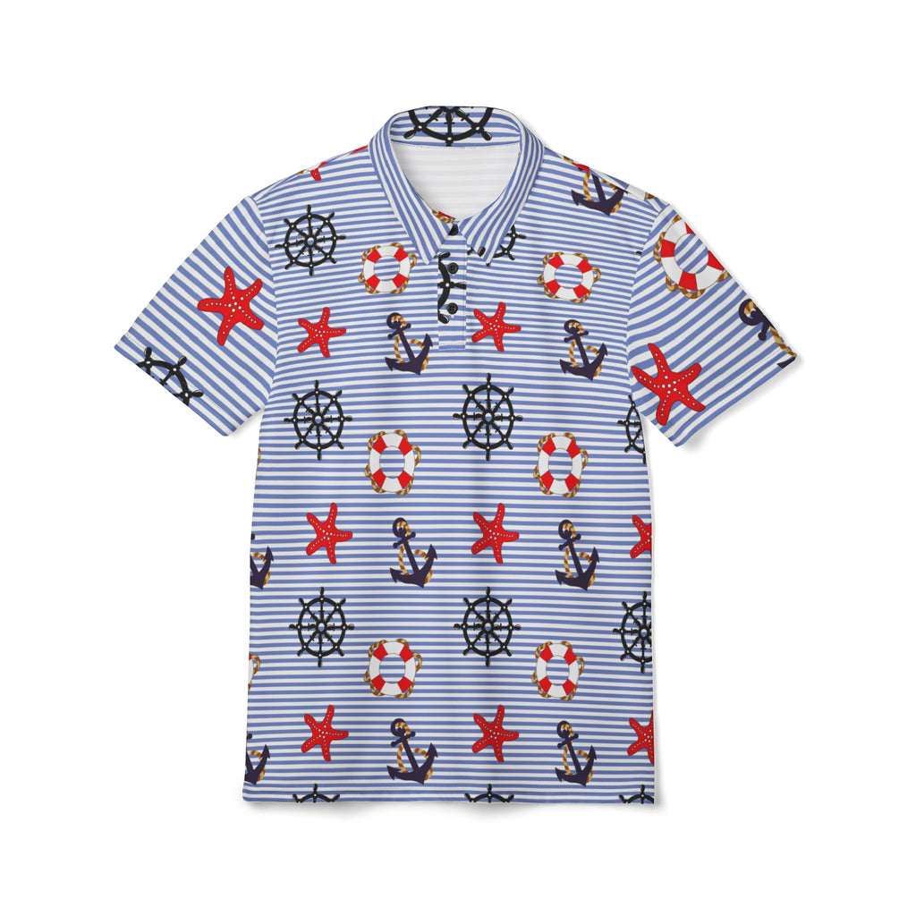 Nautical Stripe Polo Shirt — Anchors, Lifebuoys & Starfish Print