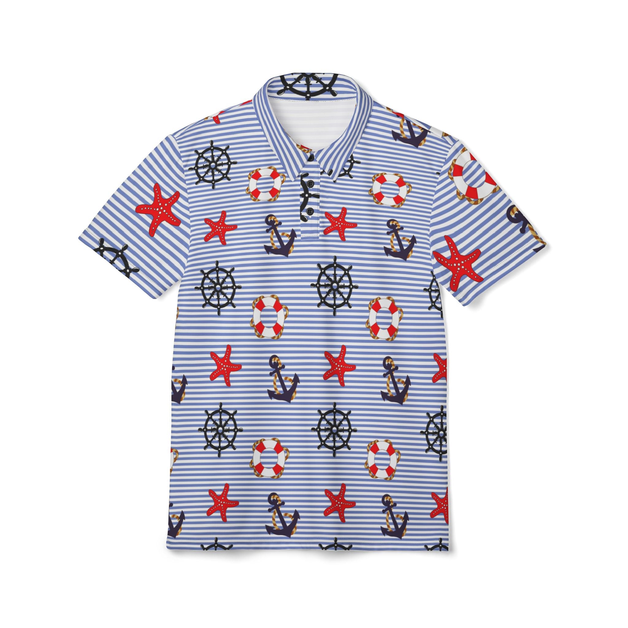 Nautical Stripe Polo Shirt — Anchors, Lifebuoys & Starfish Print