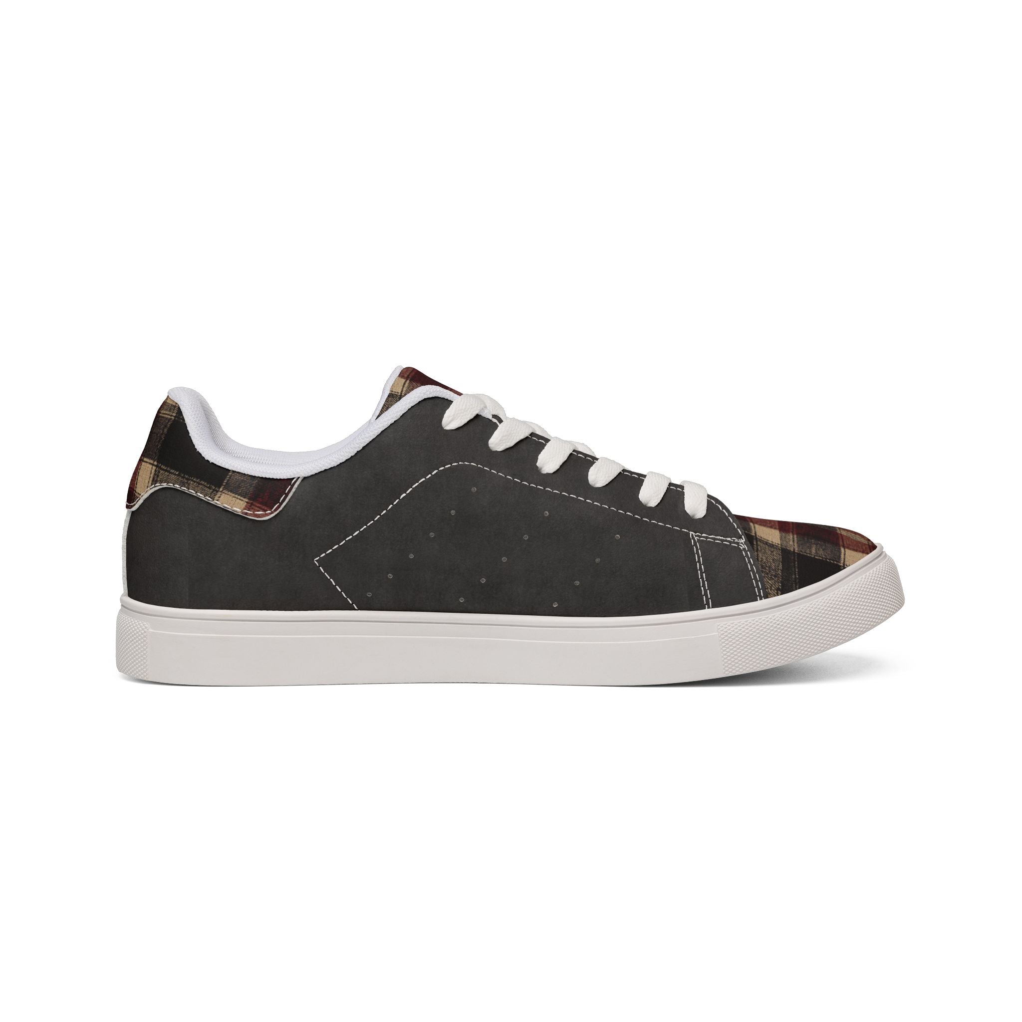 Leather Low-Top Sneakers — Plaid Accent Casual Men’s Shoes