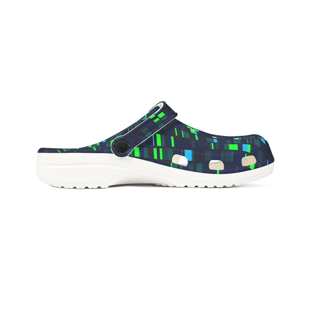 Pixel Grid Clogs — EVA Foam Slip-On Shoes with Green & Blue Digital Pattern