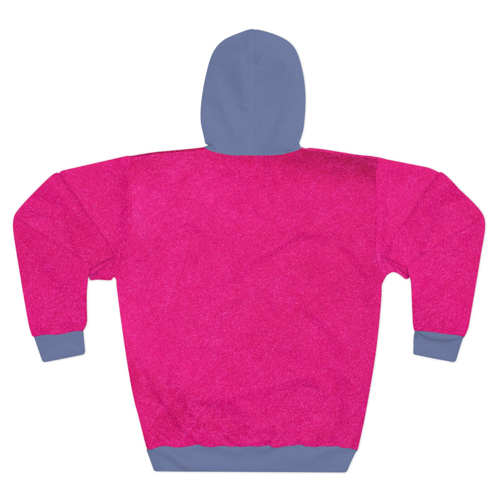 A bright pink fleece hoodie shown from the back, featuring contrasting slate blue-gray hood, cuffs, and hem on a plain white background.
