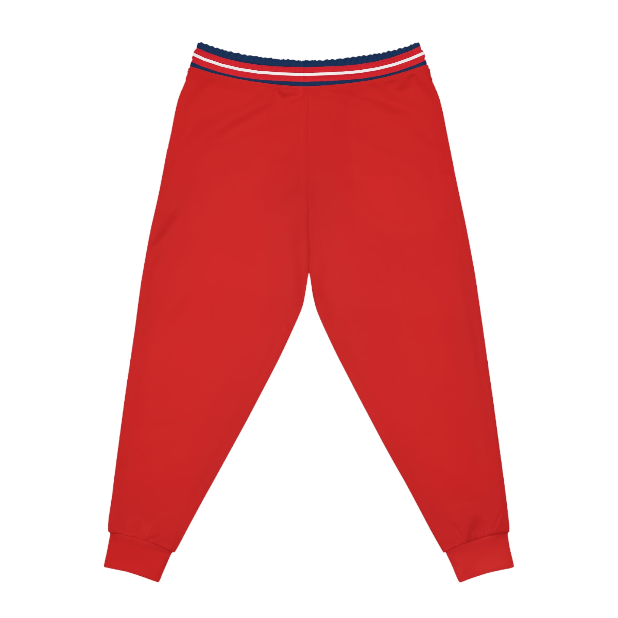 Red jogger pants with a navy, white, and red striped elastic waistband, shown flat on a white background.