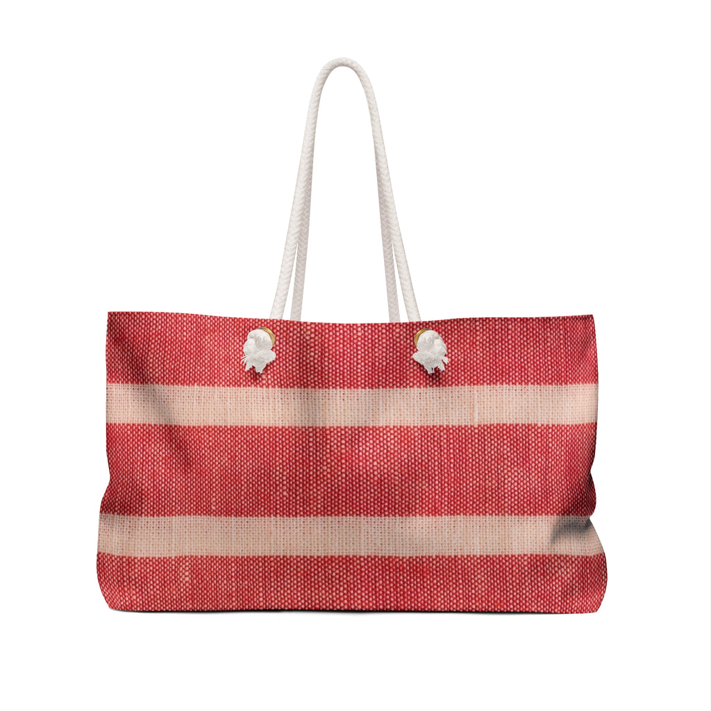 A woven tote bag with horizontal red and beige stripes, featuring two white rope handles and decorative white shell-like accents near the top, shown against a plain white background.
