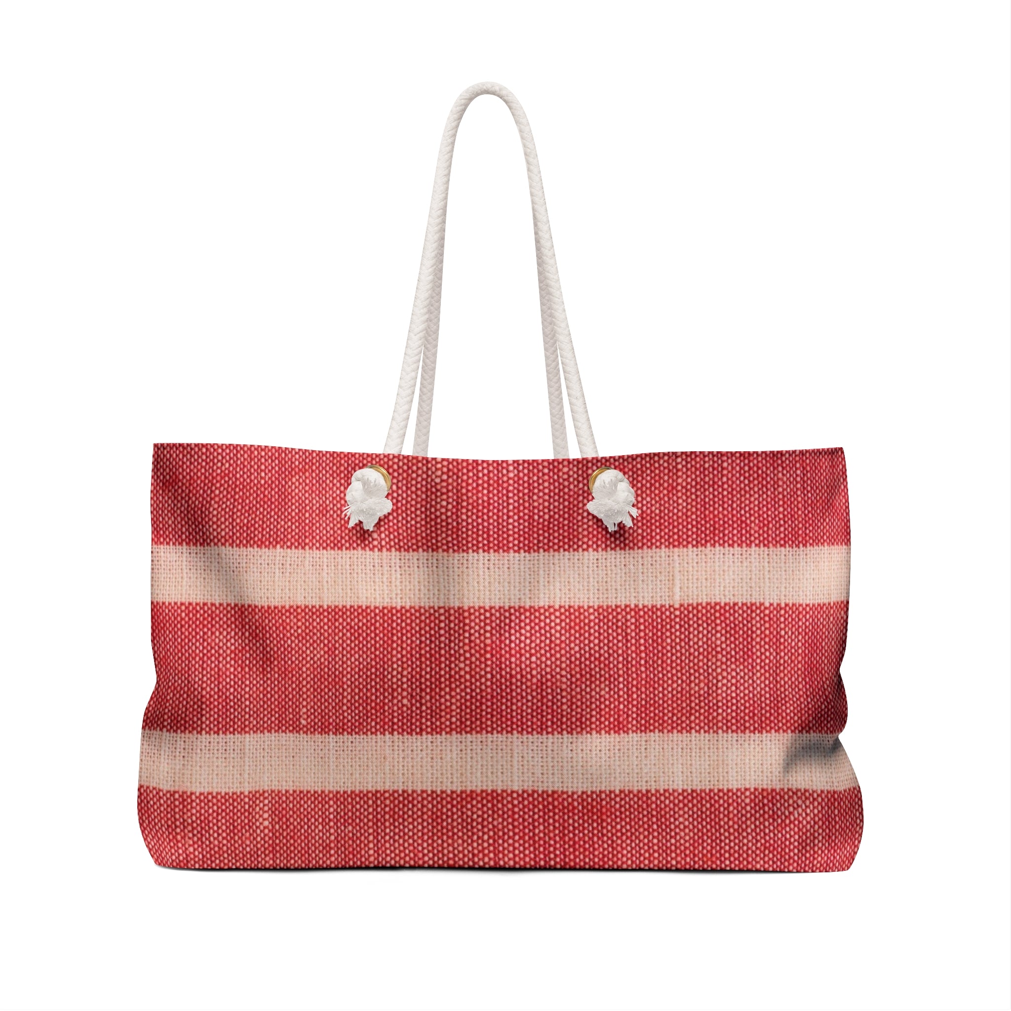 A woven tote bag with horizontal red and beige stripes, featuring two white rope handles and decorative white shell-like accents near the top, shown against a plain white background.