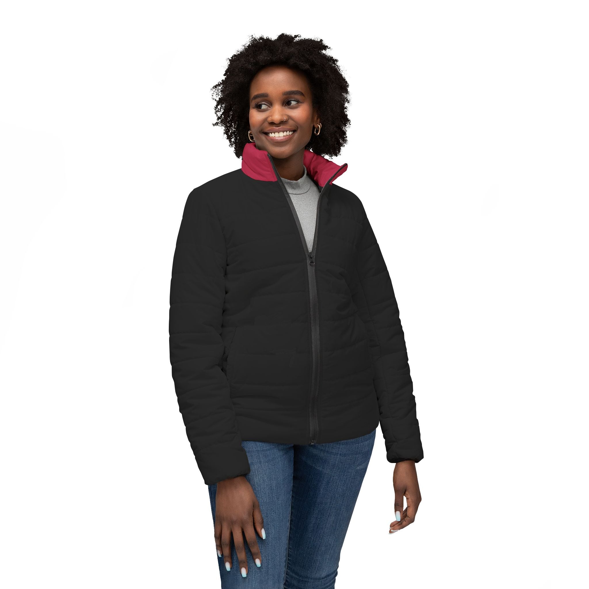 Women's Puffer Jacket - Lightweight Quilted Coat with Contrast Collar