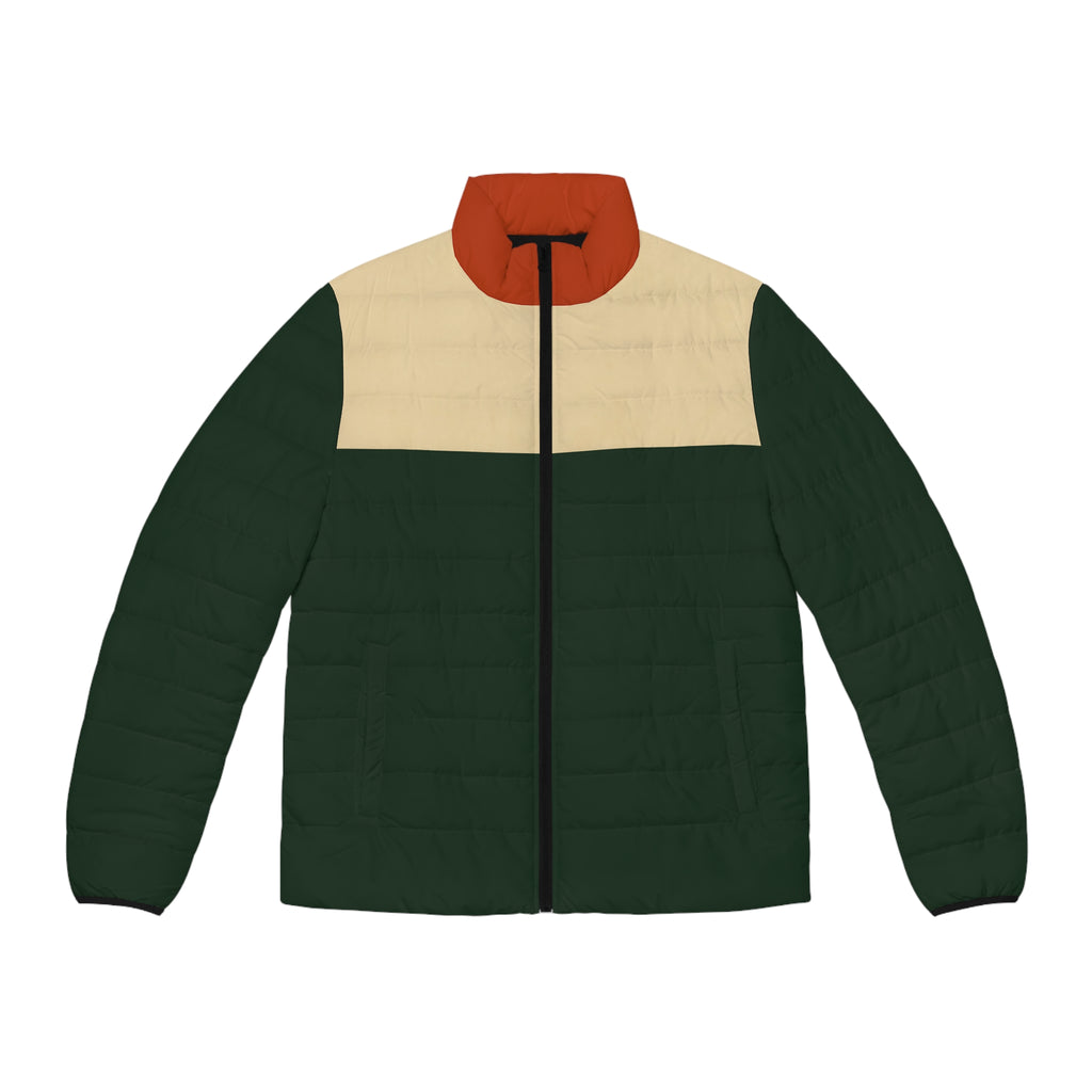 A color-blocked quilted puffer jacket with a dark green body, a beige yoke, a rust-orange collar, and a black front zipper, shown on a plain white background.