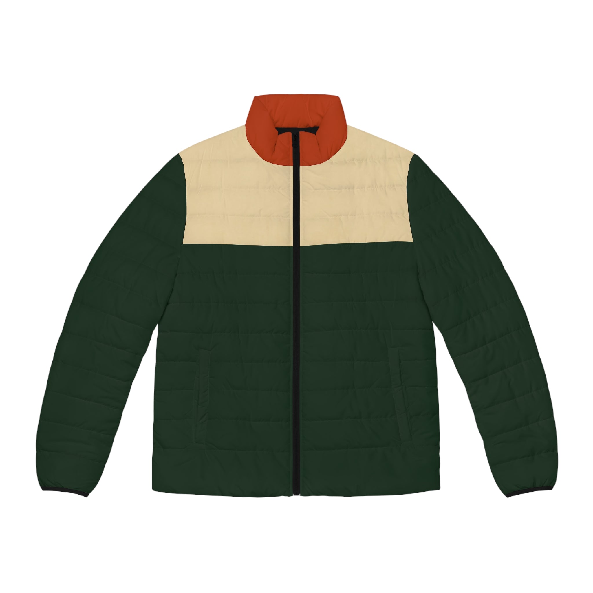 A color-blocked quilted puffer jacket with a dark green body, a beige yoke, a rust-orange collar, and a black front zipper, shown on a plain white background.
