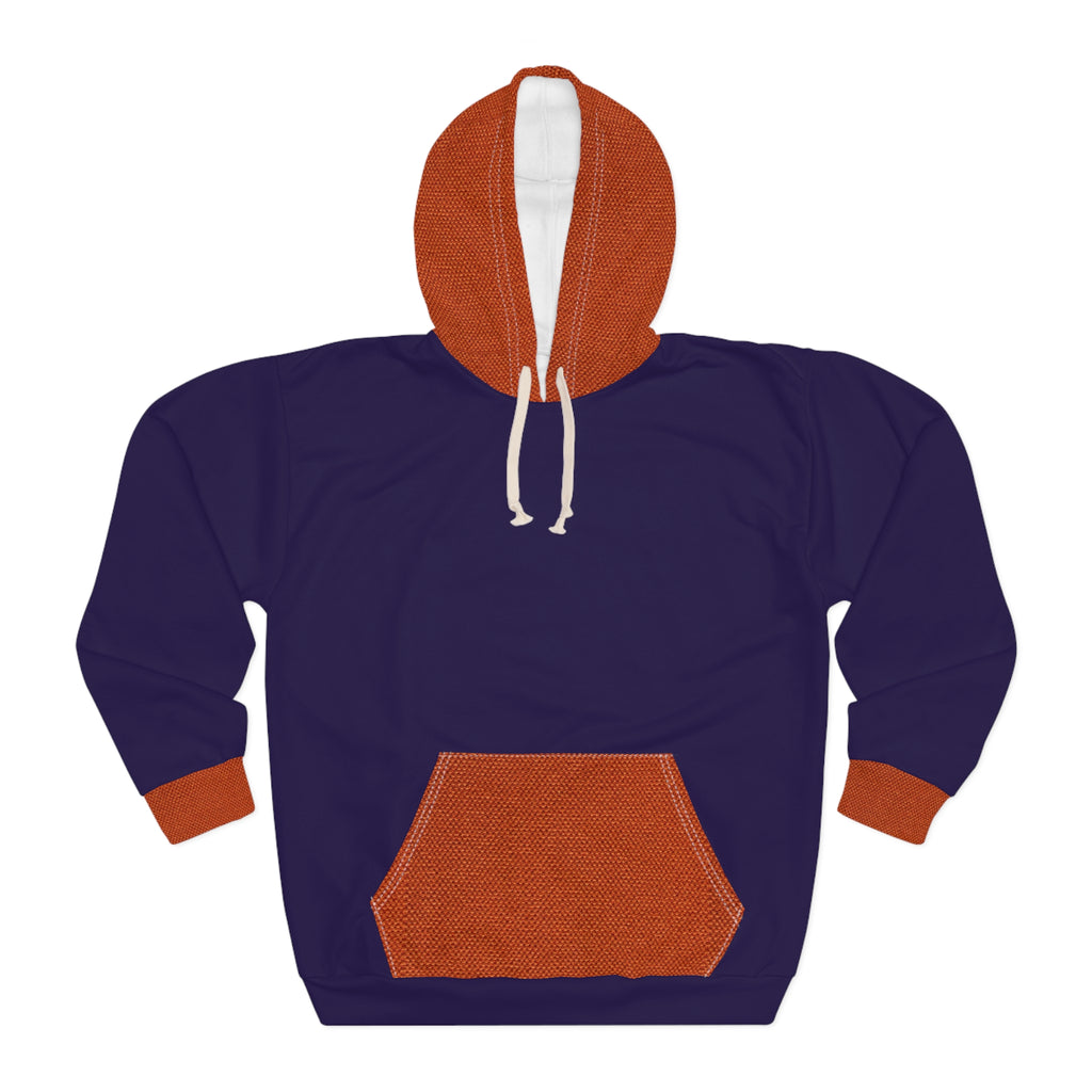 A navy blue pullover hoodie with contrasting rust-orange details, including the hood lining, drawstrings, cuffs, and front kangaroo pocket, shown against a plain white background.