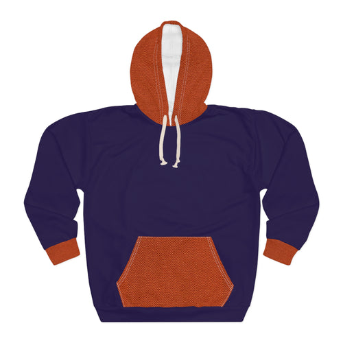 A navy blue pullover hoodie with contrasting rust-orange details, including the hood lining, drawstrings, cuffs, and front kangaroo pocket, shown against a plain white background.