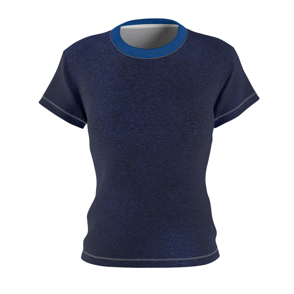 A short-sleeve crewneck t-shirt in dark heathered navy blue, featuring a contrasting bright blue ribbed collar and matching blue trim on the sleeve cuffs and hem, shown against a plain white background.